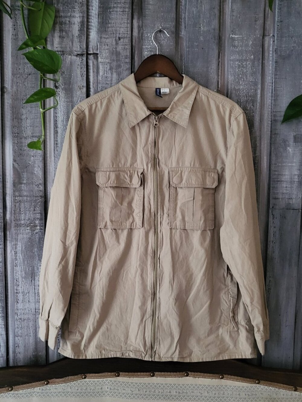 Mens Beige Utility Jacket Full Zip Shacket Medium